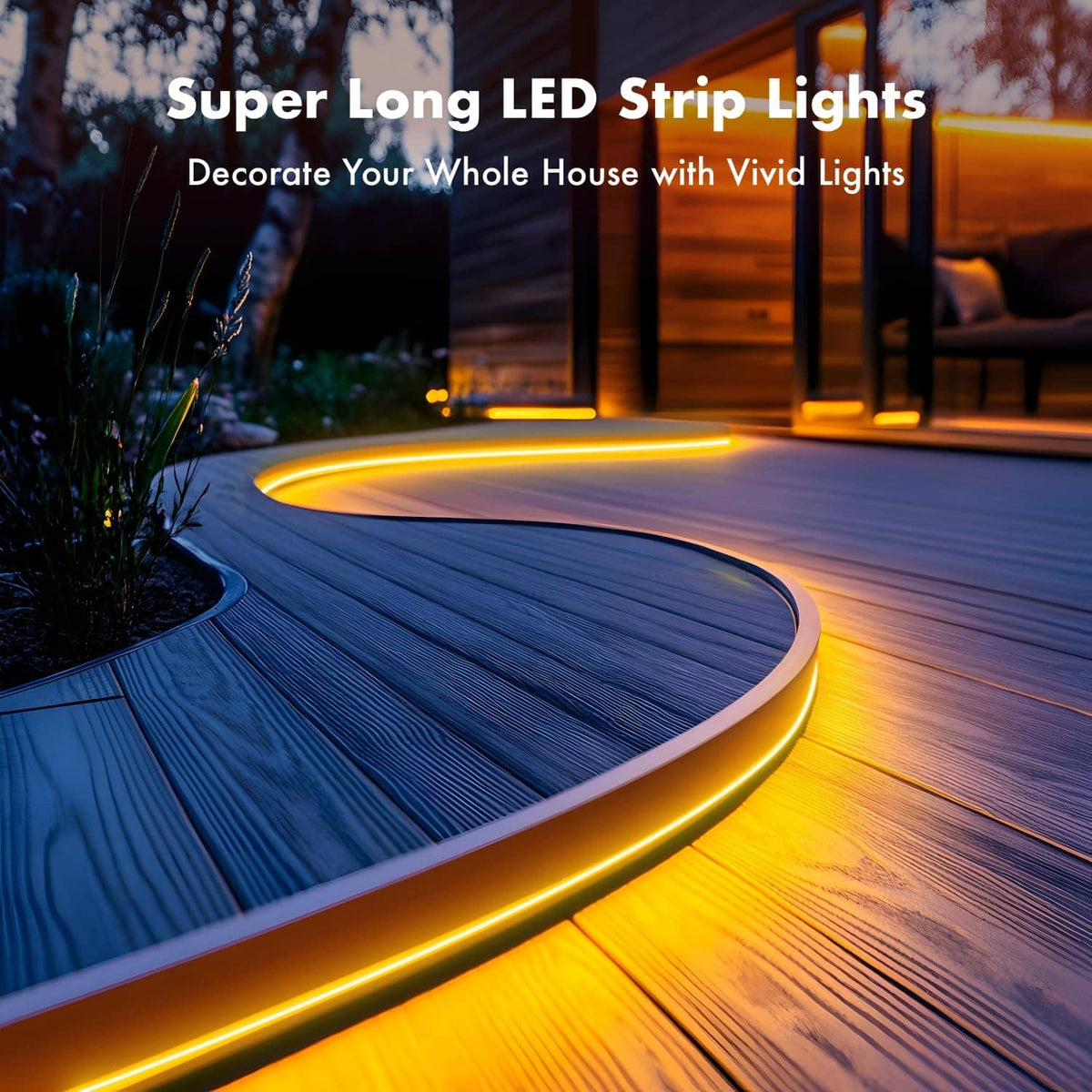 Outdoor LED rope light strip, warm yellow glow along curved wooden path