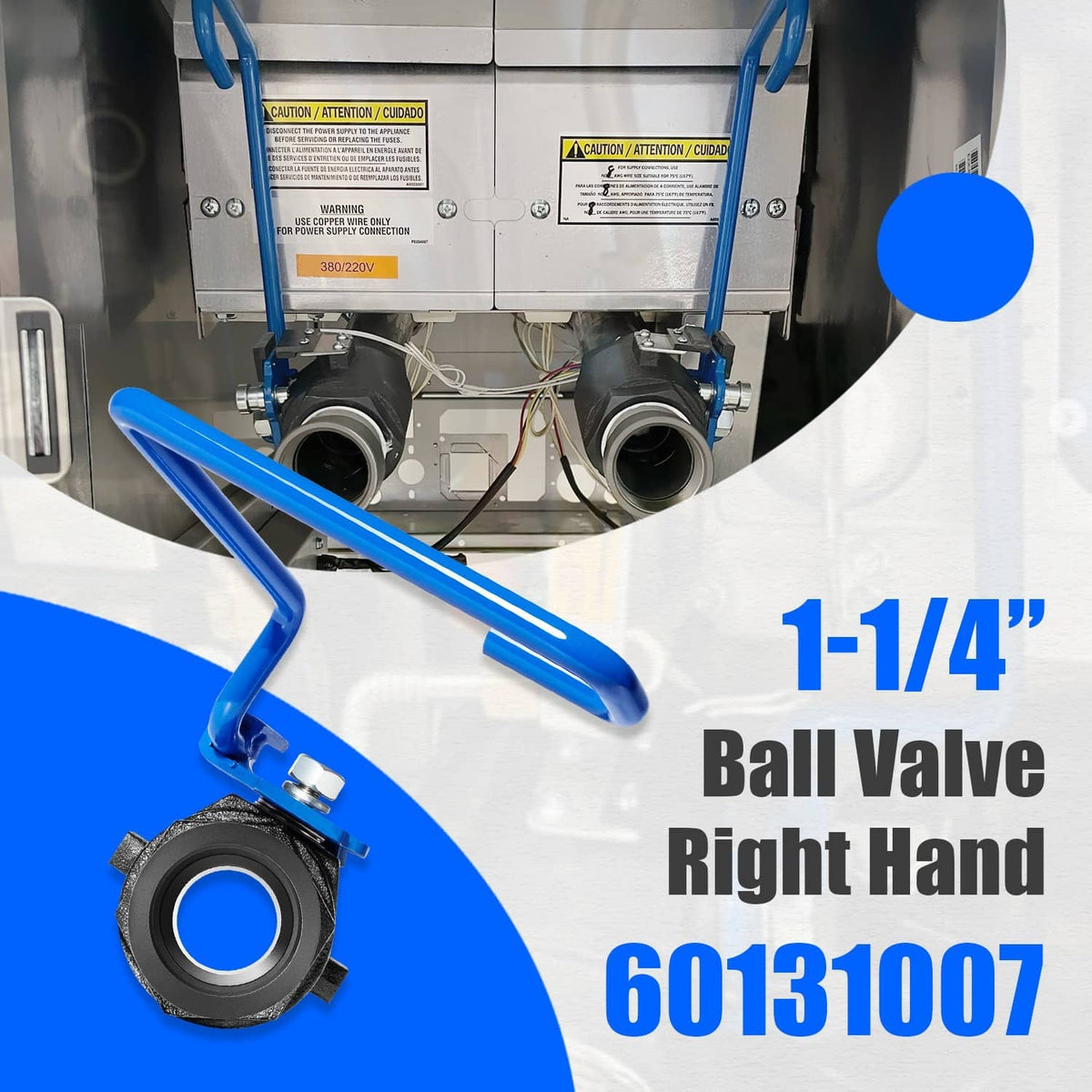 1-1/4 in ball valve with blue right-hand lever handle and black threaded body