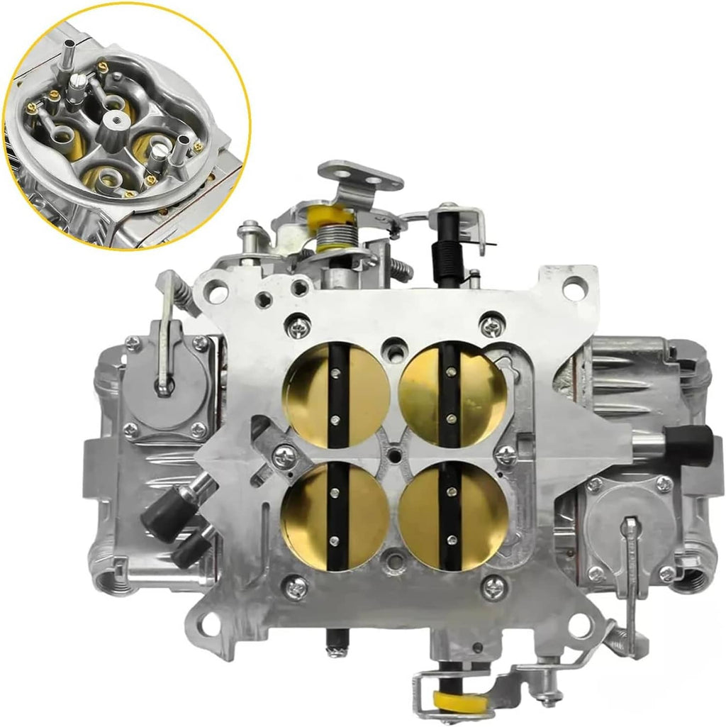 4-barrel carburetor top view with four gold bores and throttle linkage