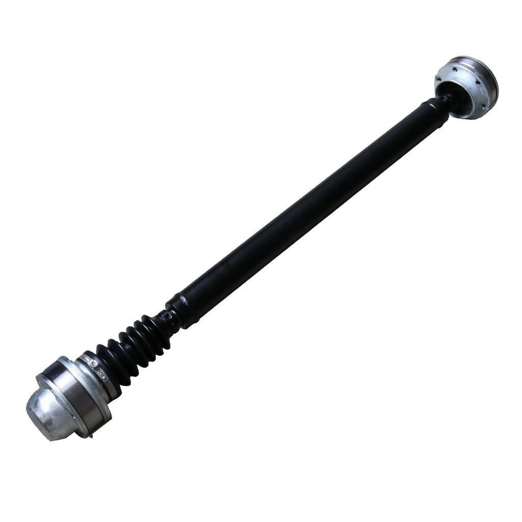 Front drive shaft prop with black shaft and silver end yokes, diagonal view