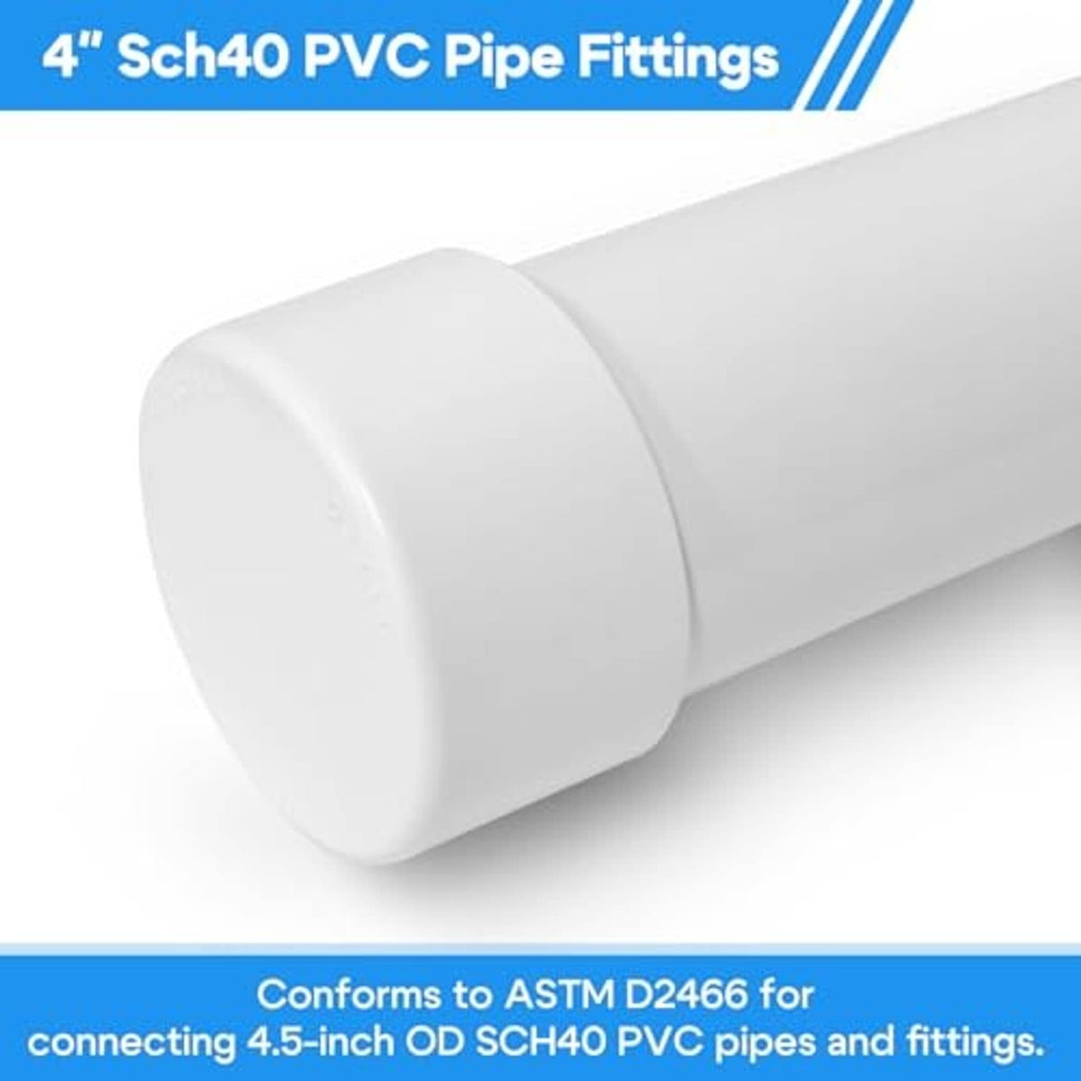 4-inch SCH40 PVC end cap installed on pipe end, smooth white cap
