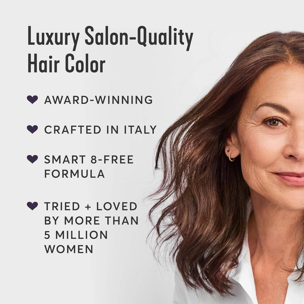 Woman with styled dark brown hair, highlighting salon-quality Radiant hair color kit.