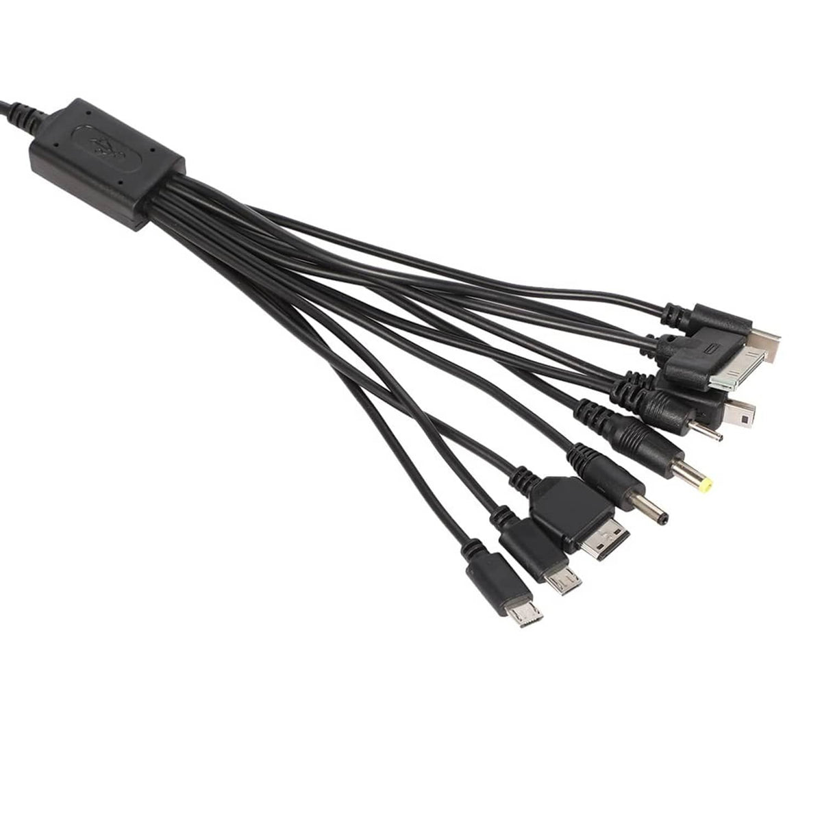 Black multi charging cable bundle with several USB connectors and tips