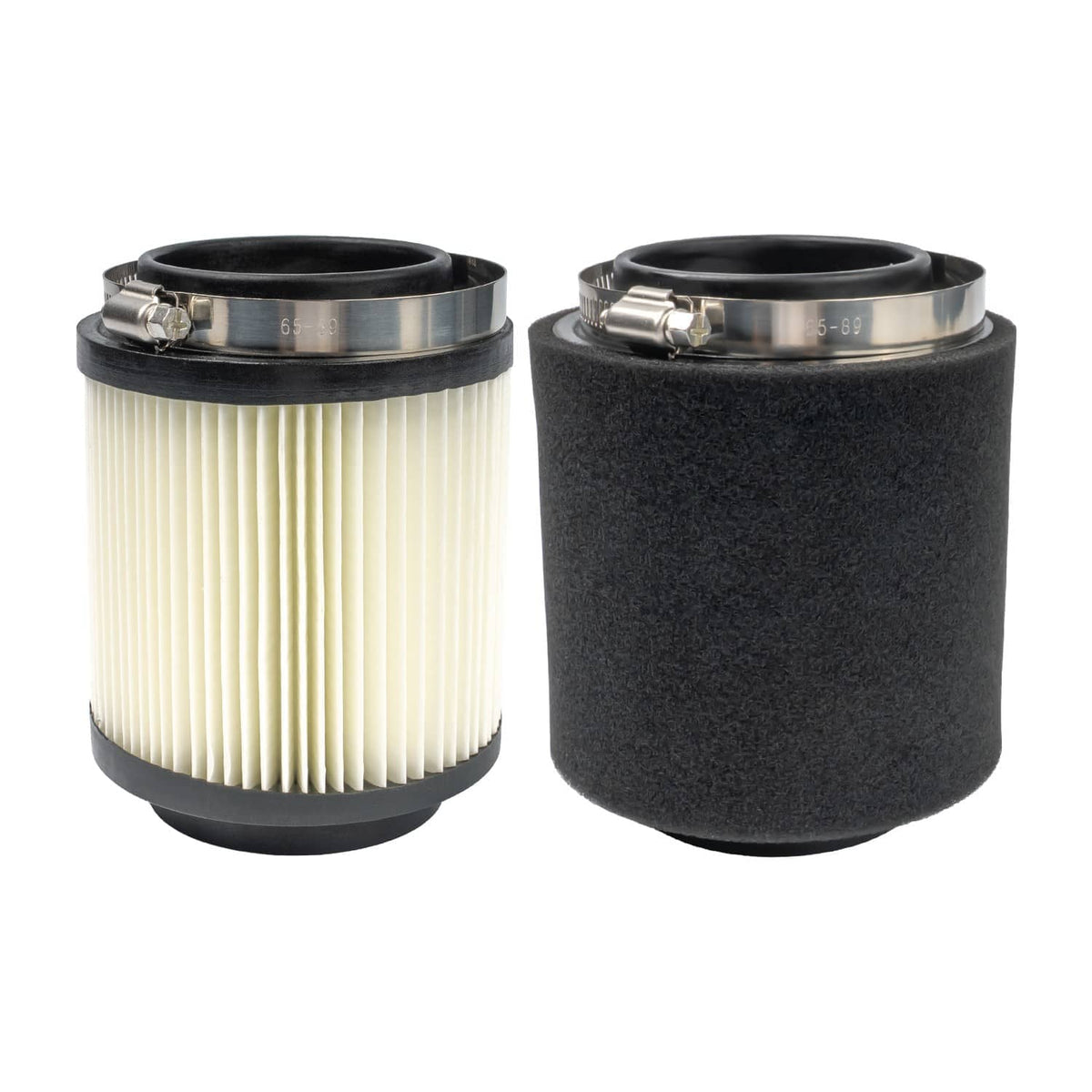 Two air filter cartridges side by side: pleated cream paper and black foam sleeve