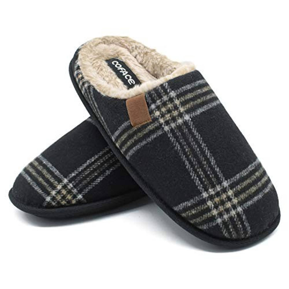 Men’s plaid slip-on scuff slippers with tan fleece lining and brown strap detail