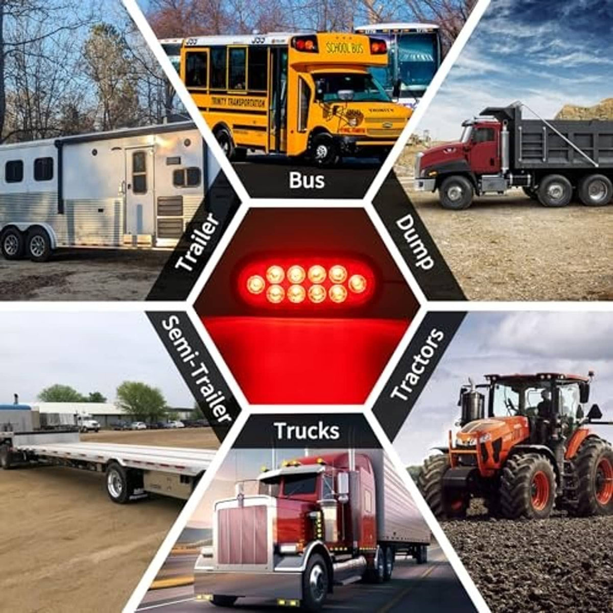 Red oval LED trailer tail light shown for trailers, trucks, buses, and tractors