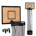 Basketball hoop over-the-door laundry hamper with wooden backboard and mesh laundry bag