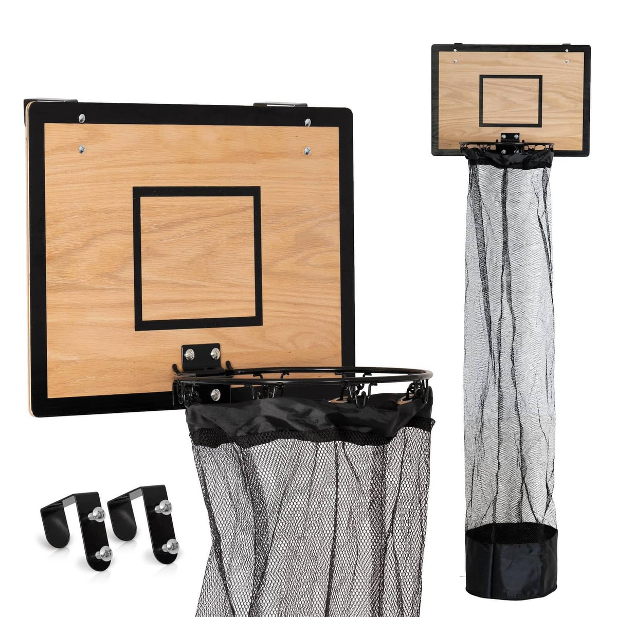 Basketball hoop over-the-door laundry hamper with wooden backboard and mesh laundry bag