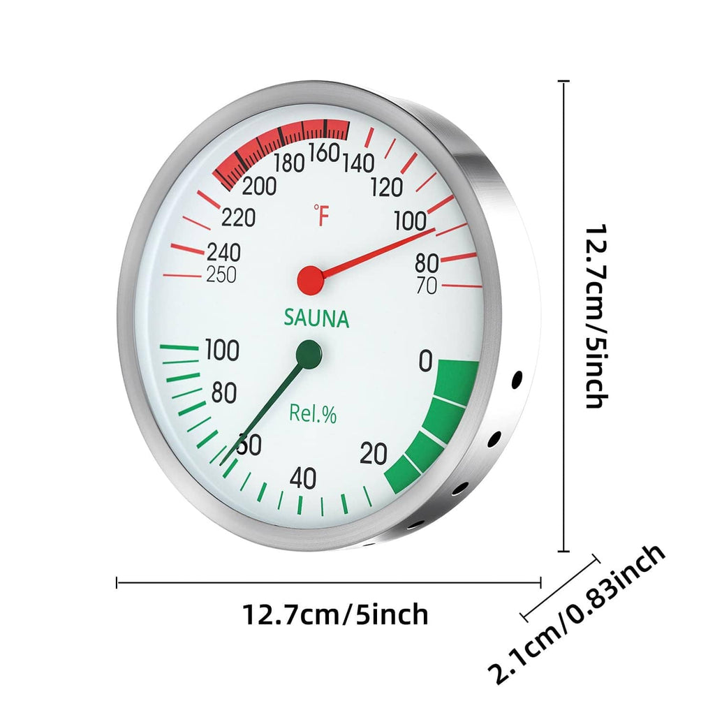 Round silver sauna thermometer hygrometer dial with red and green needles
