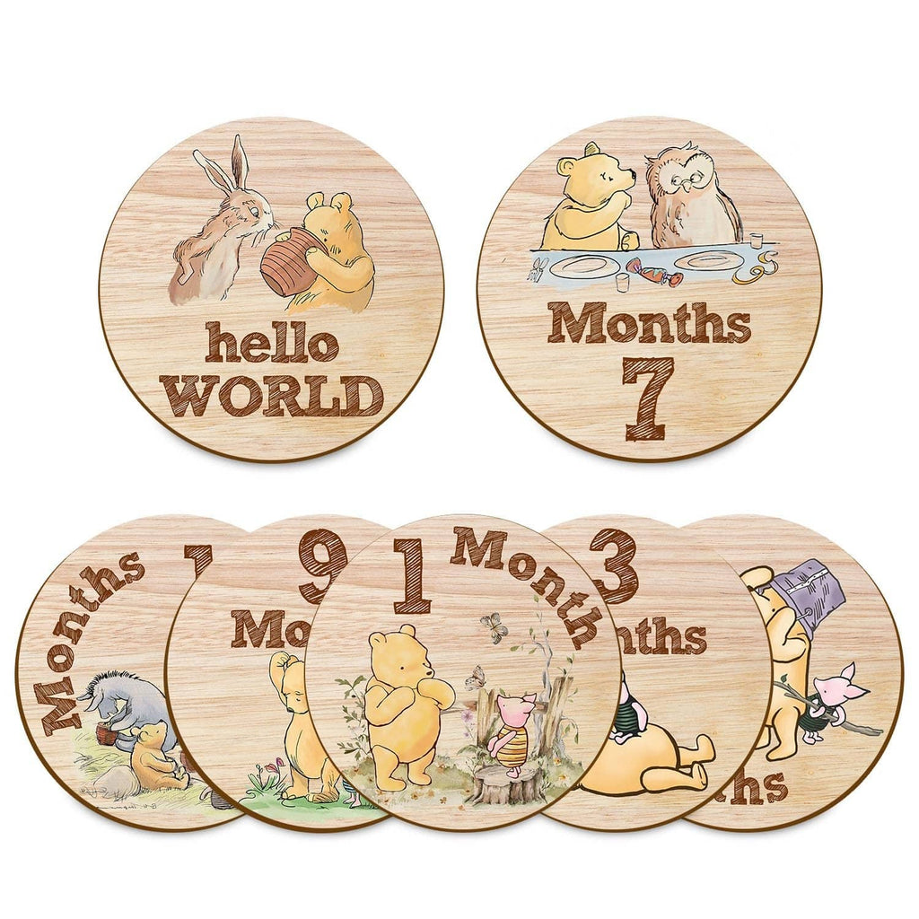 Wooden baby milestone circle signs with Winnie friends, including Hello World and month 7.
