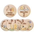 Wooden baby milestone circle signs with Winnie friends, including Hello World and month 7.