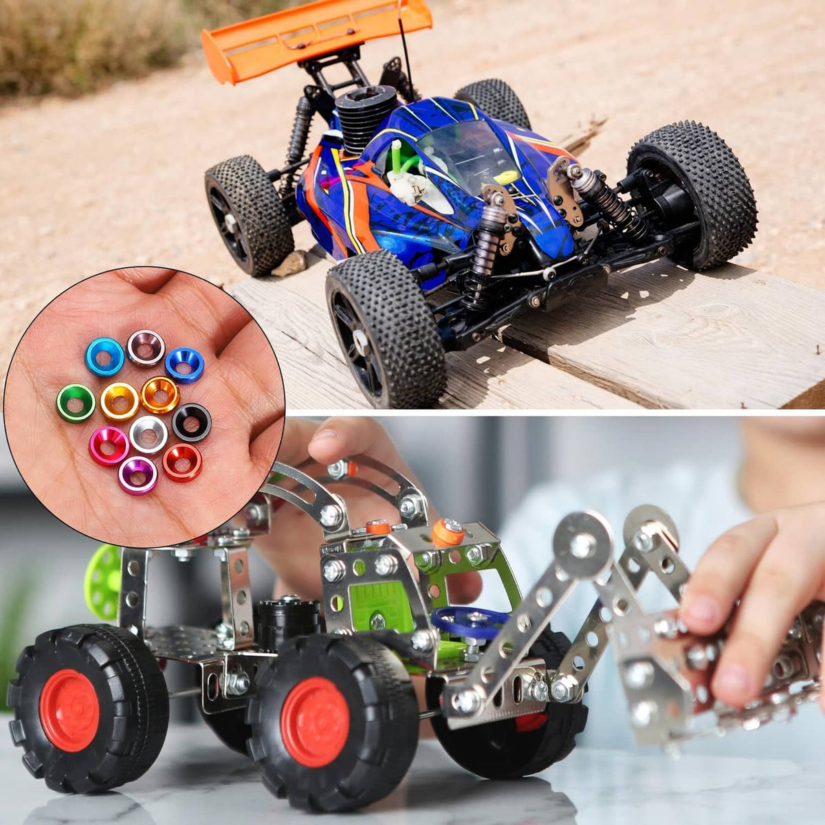 Orange cone cup countersunk washers shown in inset with remote car and parts in background