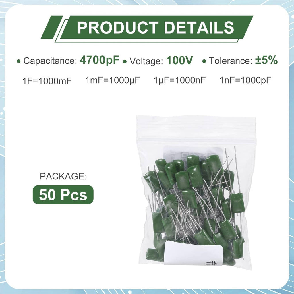 Bag of 50 green metallized film capacitors with silver leads, for electronics