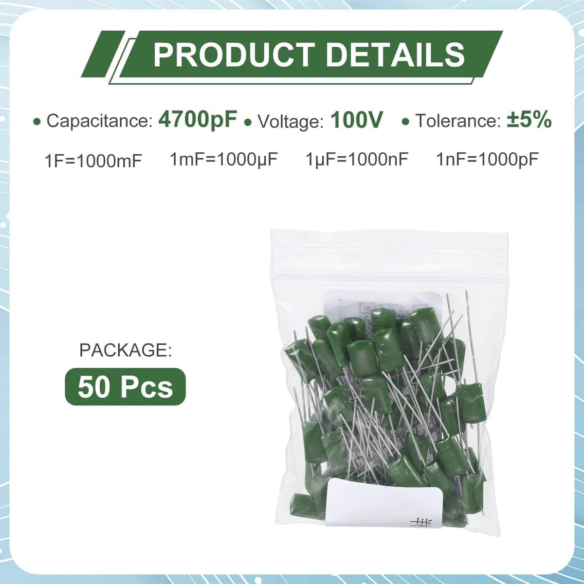Bag of 50 green metallized film capacitors with silver leads, for electronics