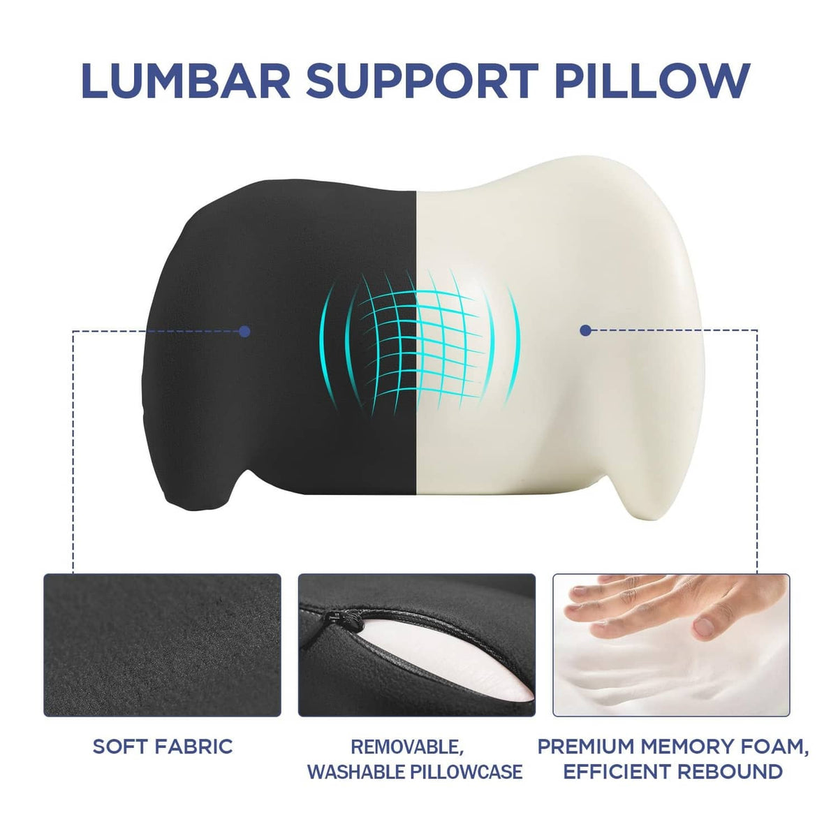 Two-tone black and white lumbar support pillow with teal grid cushion center