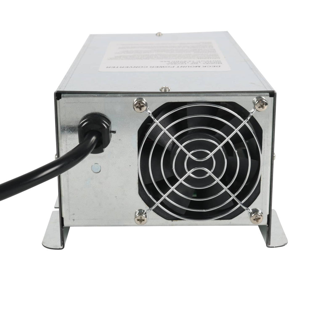 Power converter charger rear with cooling fan and protective grille, metal housing