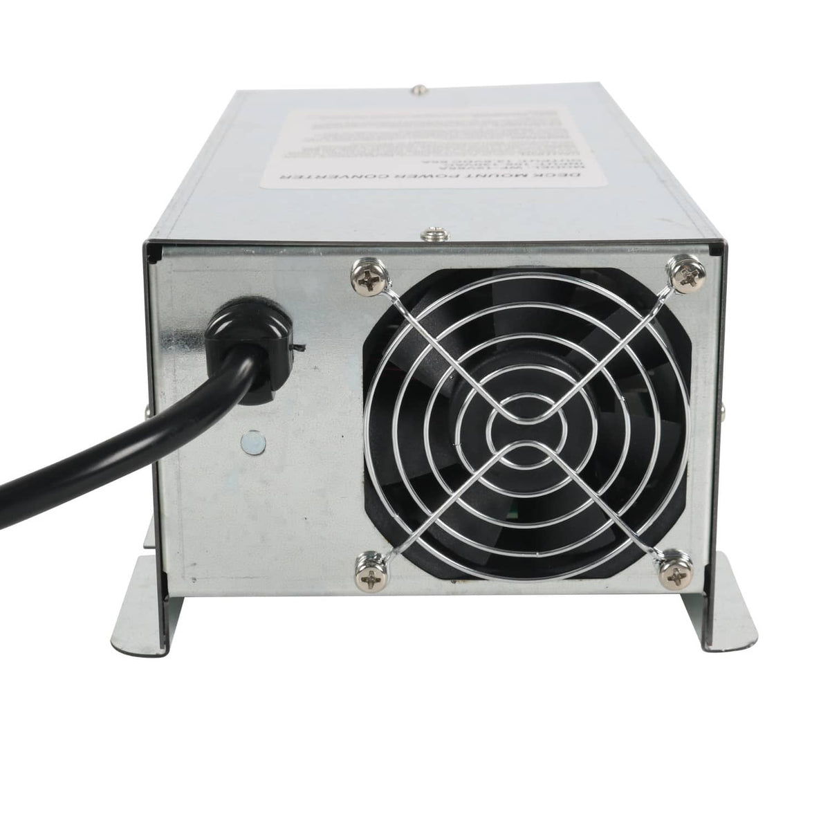 Power converter charger rear with cooling fan and protective grille, metal housing