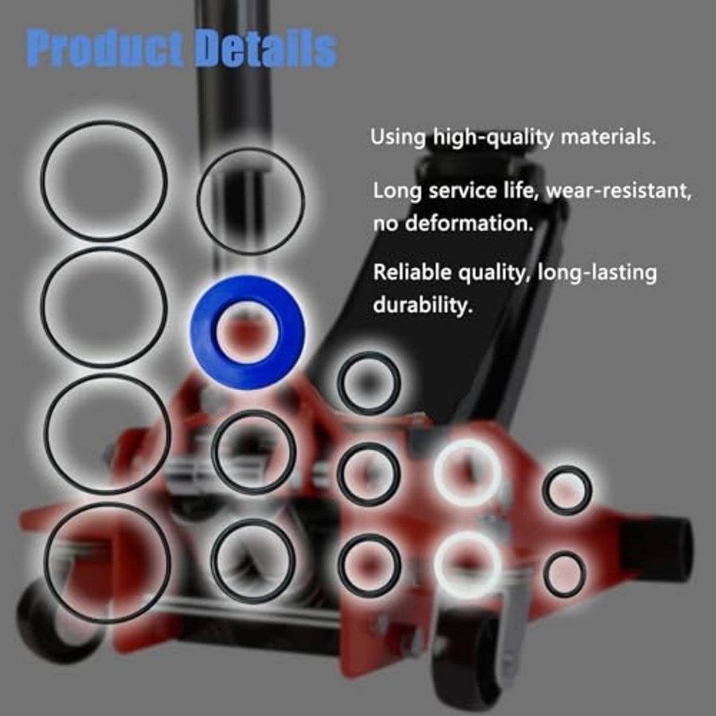 Floor jack seal kit parts: multiple black rings and one blue seal