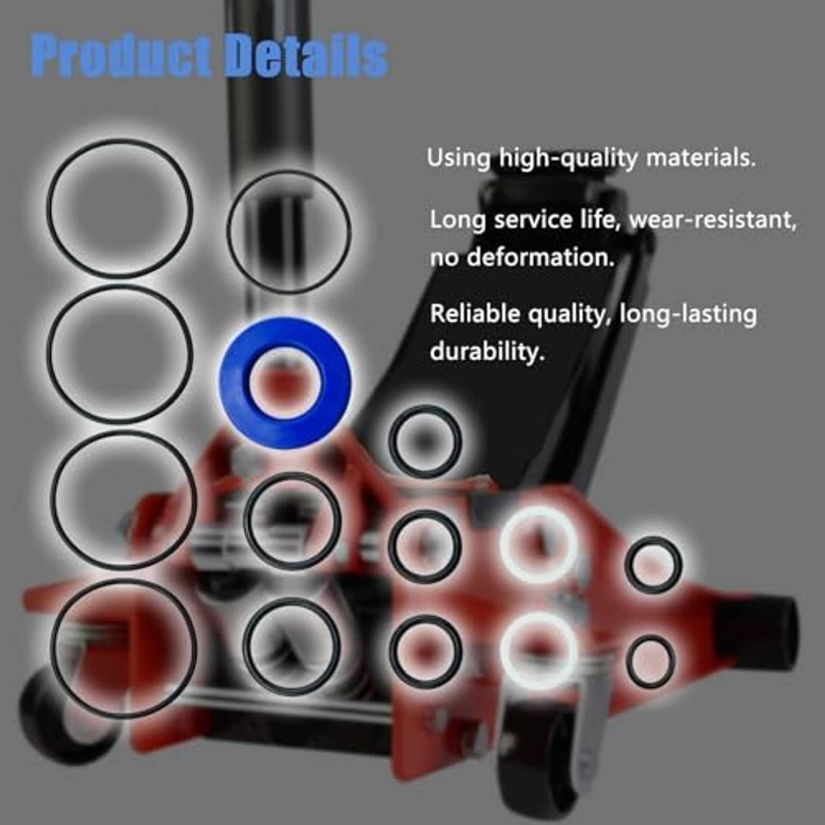 Floor jack seal kit parts: multiple black rings and one blue seal