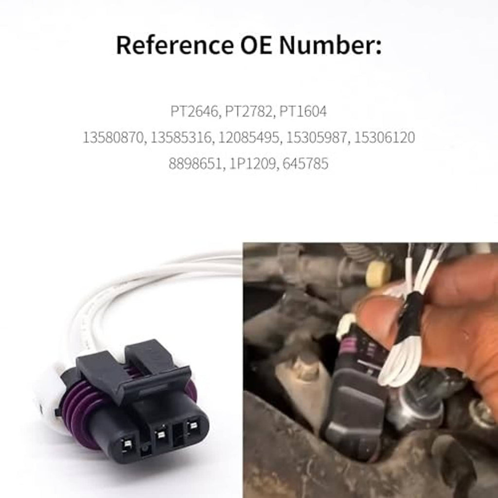 Crank sensor pigtail plug with white wires; reference OE numbers and installation photo