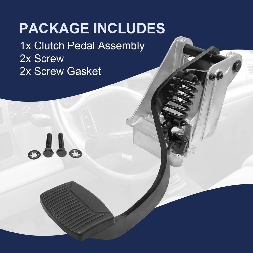 Clutch pedal assembly with black rubber pad, coil spring, and mounting screws