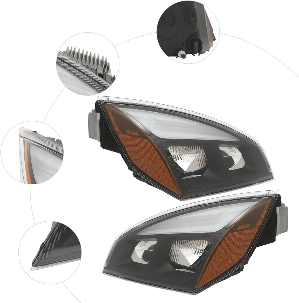 LED headlight pair with clear lenses and black housing, amber turn-signal accents.