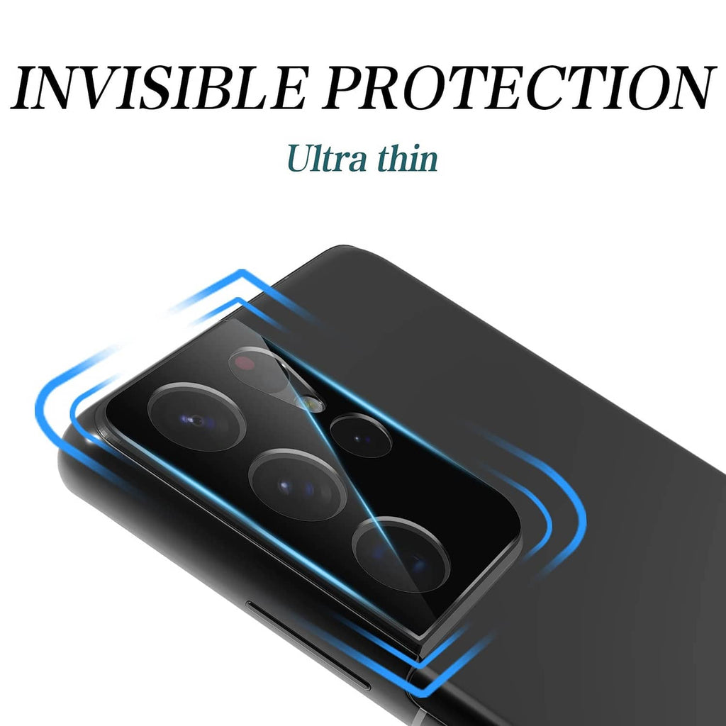 Transparent ultra-thin camera lens protector on a phone, cutouts for lenses