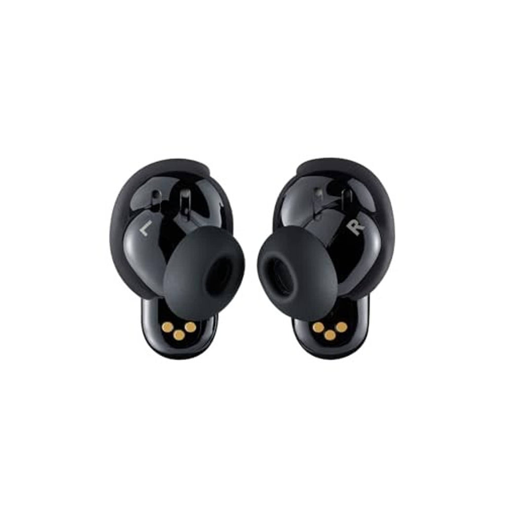 Front view of black true wireless earbuds with visible charging contacts