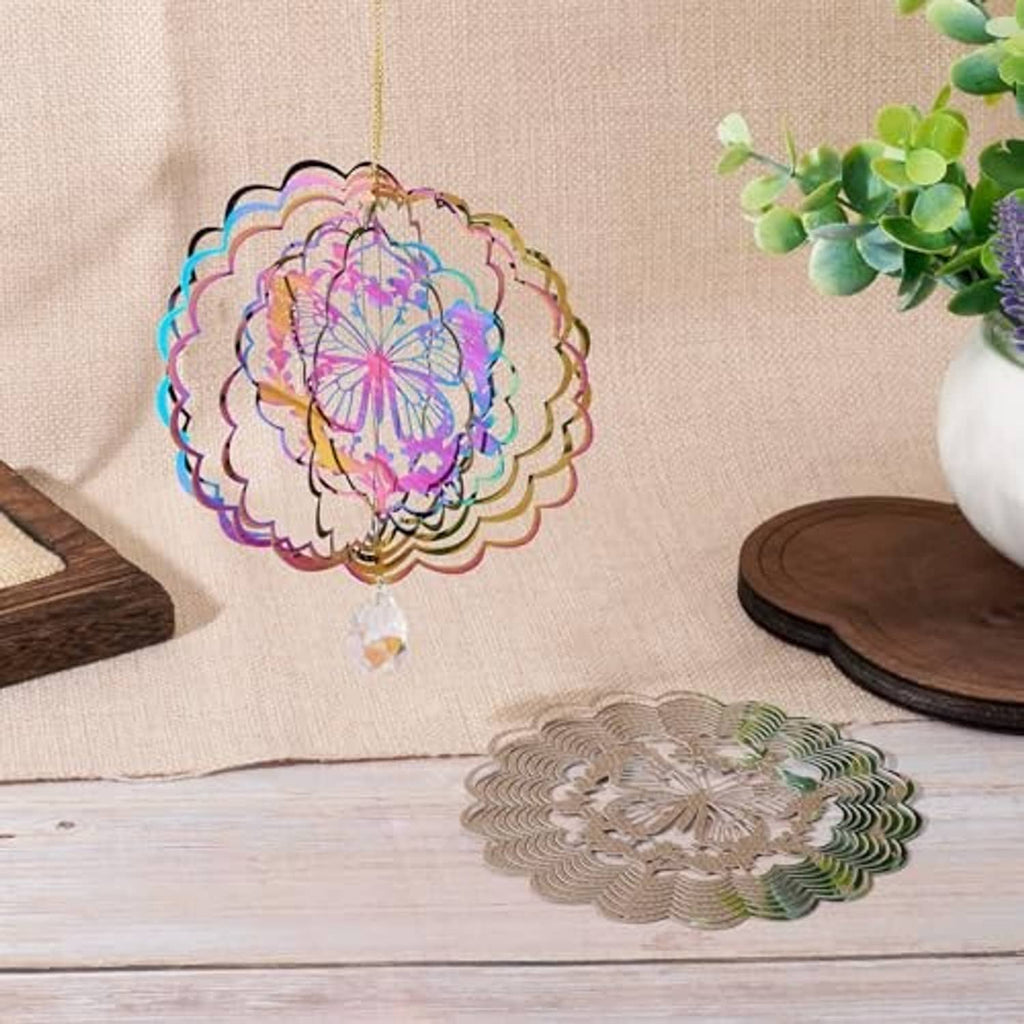 Rainbow butterfly wind spinner disc with small hanging crystal drop, plus gray matching spinner