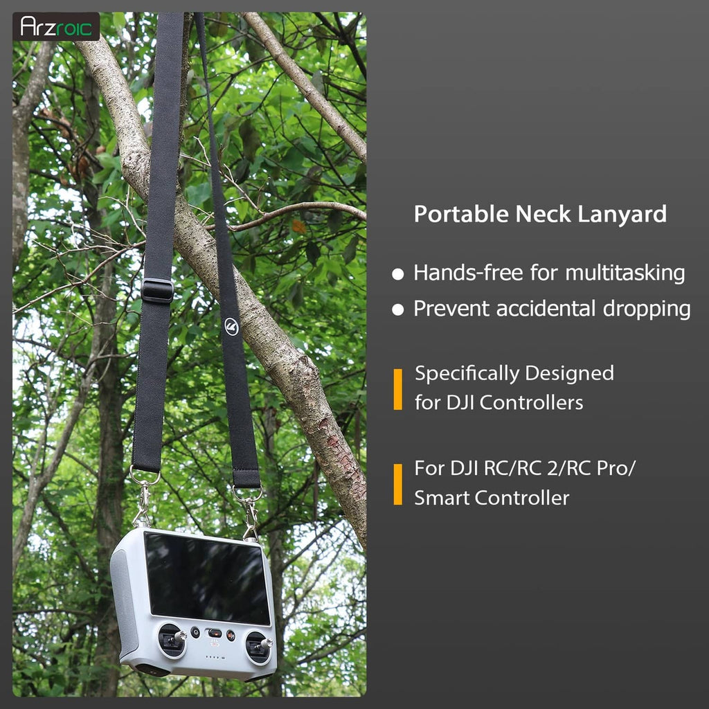 Black Arzroic portable neck lanyard with clips, hanging while holding a controller