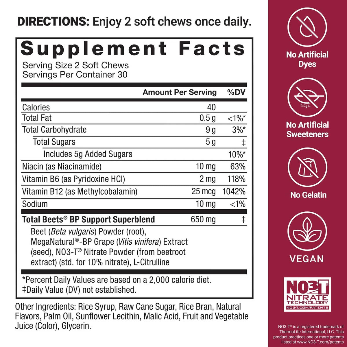 Supplement Facts panel for Force Factor Total Beets BP support chews
