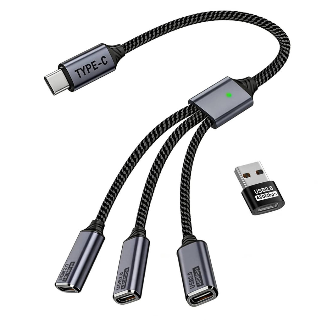 Black USB-C splitter cable with one USB-C plug and three USB-C output ports.
