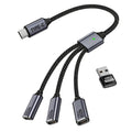Black USB-C splitter cable with one USB-C plug and three USB-C output ports.