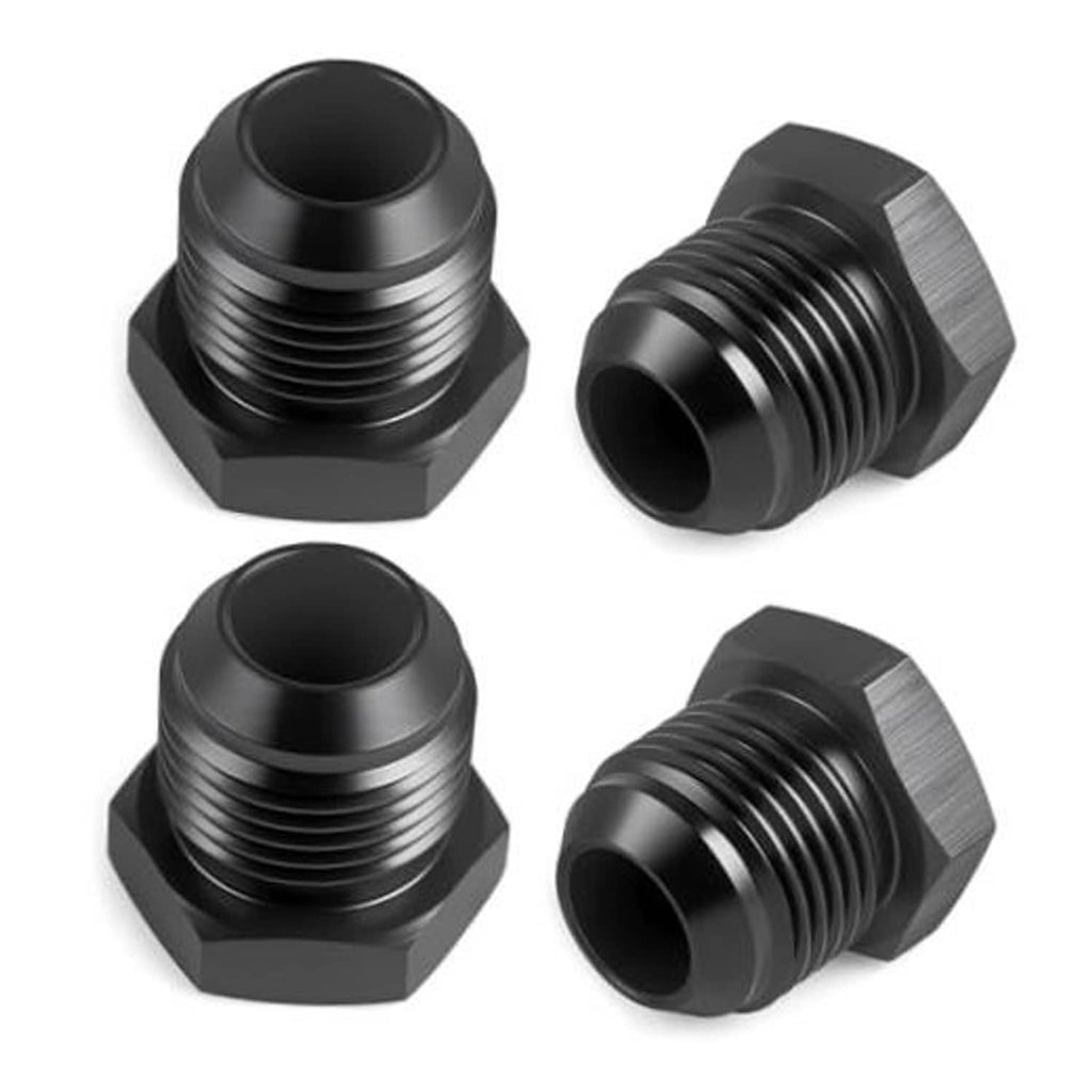 Black aluminum AN flare blanking plugs with hex exterior, threaded openings (4-pack).