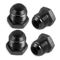 Black aluminum AN flare blanking plugs with hex exterior, threaded openings (4-pack).