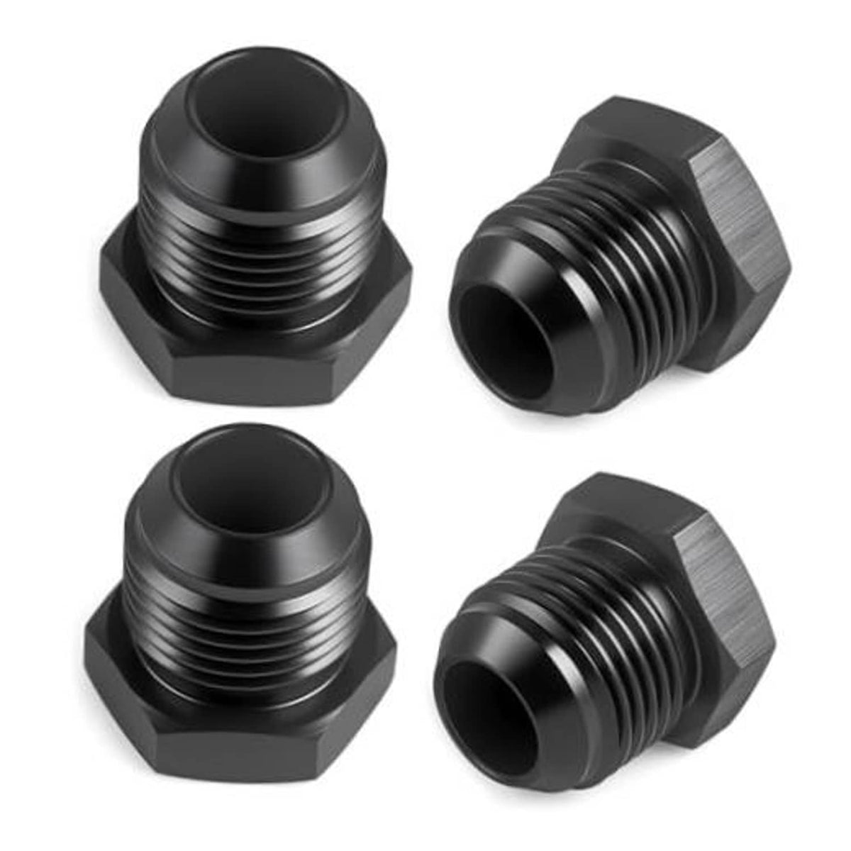 Black aluminum AN flare blanking plugs with hex exterior, threaded openings (4-pack).