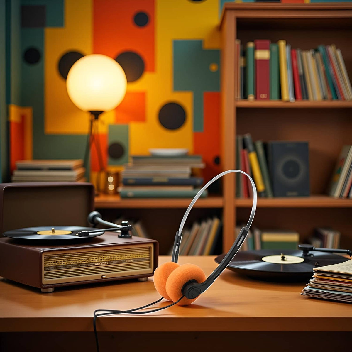 Orange over-ear headphones with foam ear pads and thin metal headband.