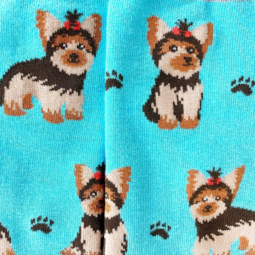 Light blue sock fabric close-up with yorkie dog faces and paw print accents