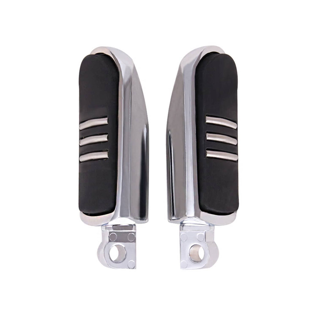 Close-up pair of long foot pegs with chrome sides and black rubber tread pads