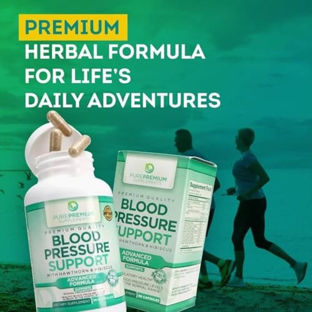 Blood pressure support supplement bottle with premium herbal formula label