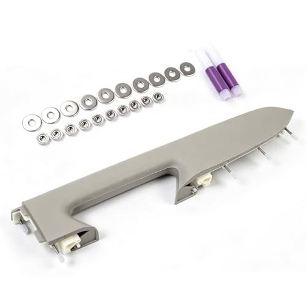 Gray armrest pull handle with mounting bracket, screws, and small hardware pins