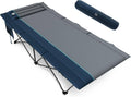 Extra-wide camping cot with gray fabric mattress, blue frame, and padded headrest