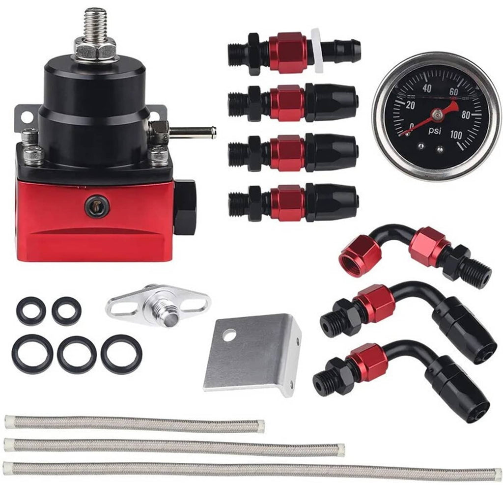 Adjustable fuel pressure regulator kit with red-and-black regulator body and mounting bracket