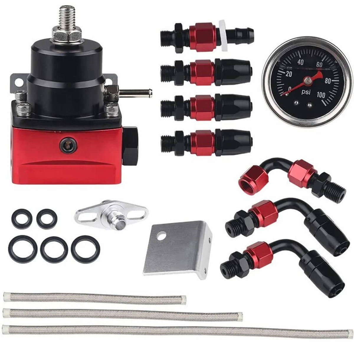 Adjustable fuel pressure regulator kit with red-and-black regulator body and mounting bracket