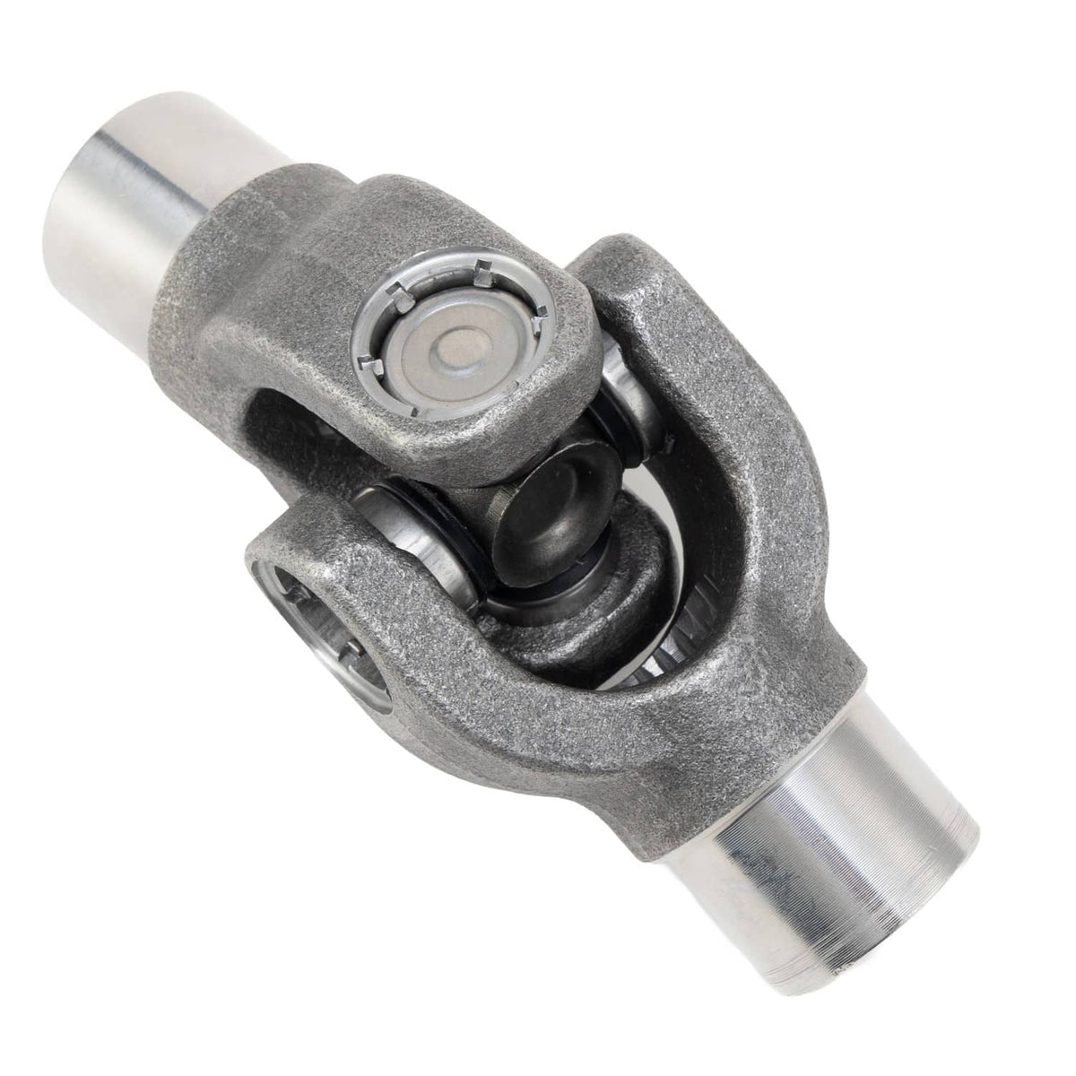 Drive shaft yoke U-joint angled view with black boot and circular bearing