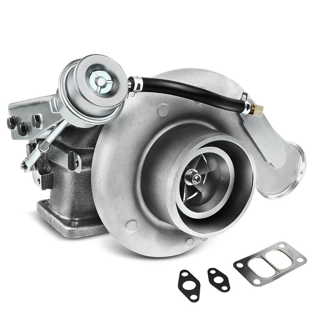 HX35W turbocharger with compressor and turbine housings, silver and dark metal.