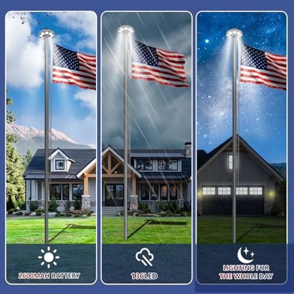 Solar LED flagpole glowing at night with waving U.S. flag on metal pole