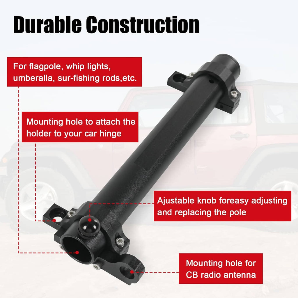 Black adjustable pole holder mount with knob, hinge-style brackets, and side mounting holes