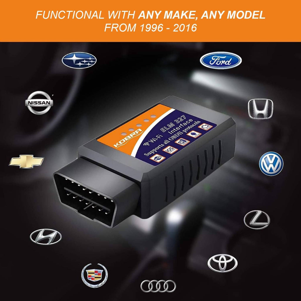 Black OBD2 Wi‑Fi car code reader with orange label and wide OBD connector.