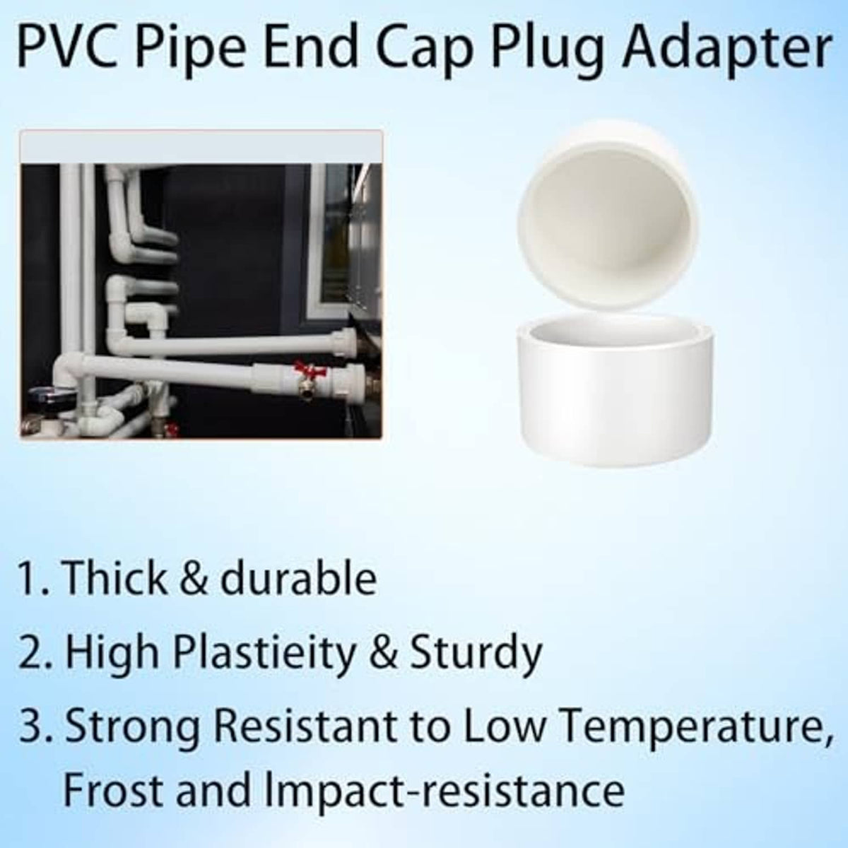 White PVC pipe end cap plug adapter, open round cap piece